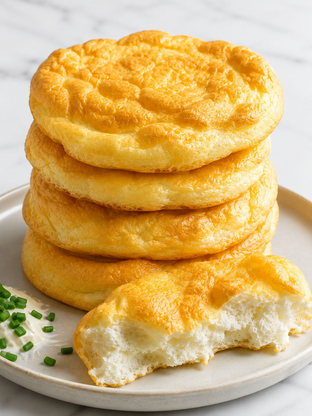 Fluffy golden keto cloud bread stack with airy torn center