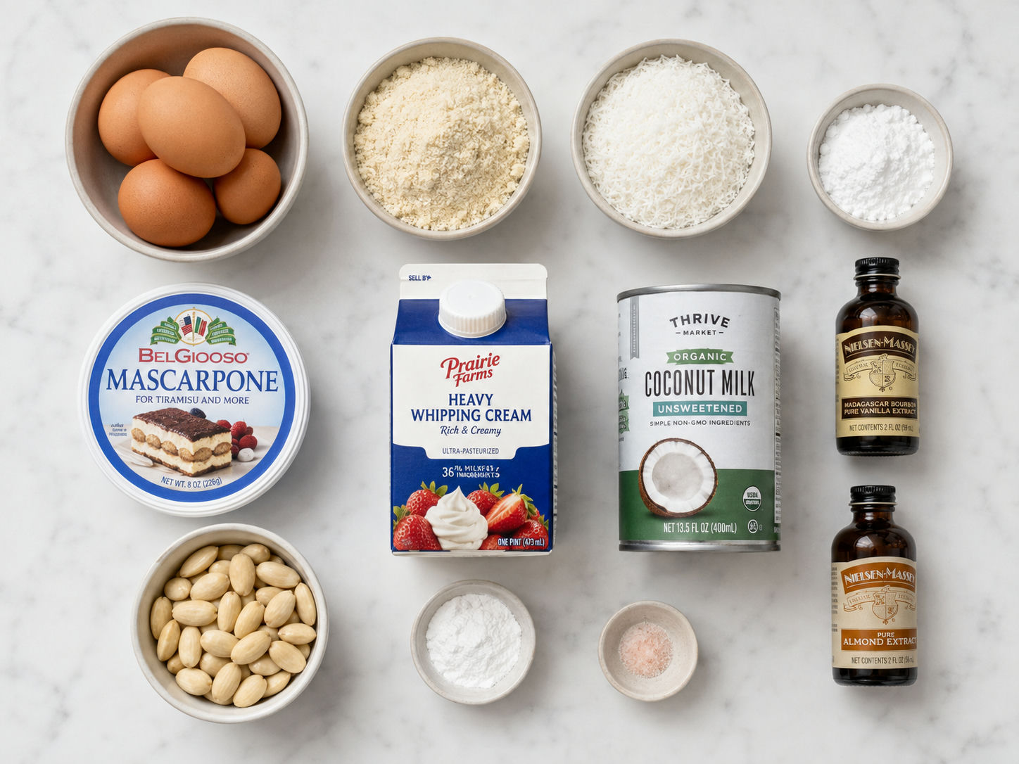 Składniki na keto ciasto Raffaello z kokosem i mascarpone