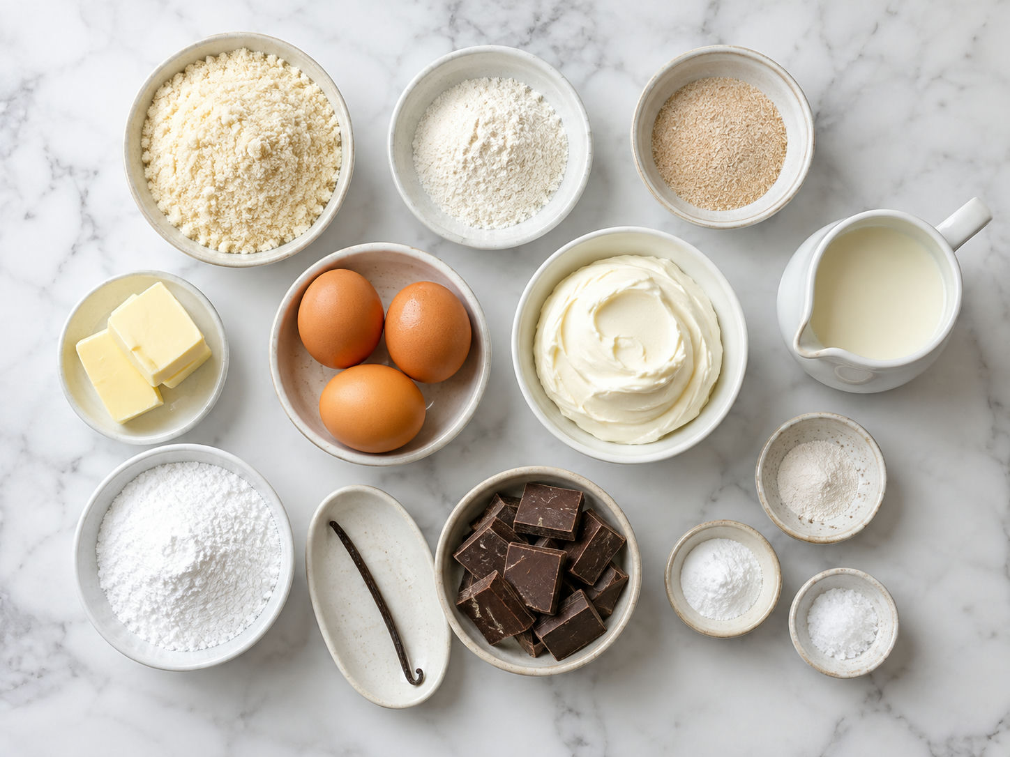 Składniki na keto eklerki z mascarpone, jajkami i gorzką czekoladą