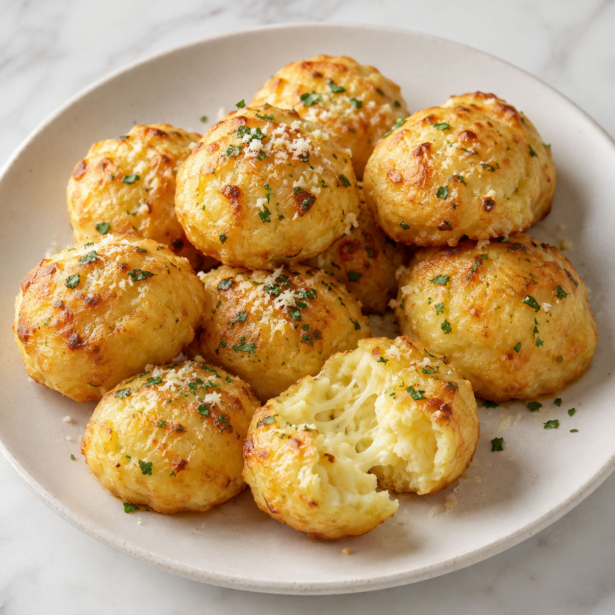 Keto kuleczki serowo-czosnkowe z natką i parmezanem na talerzu