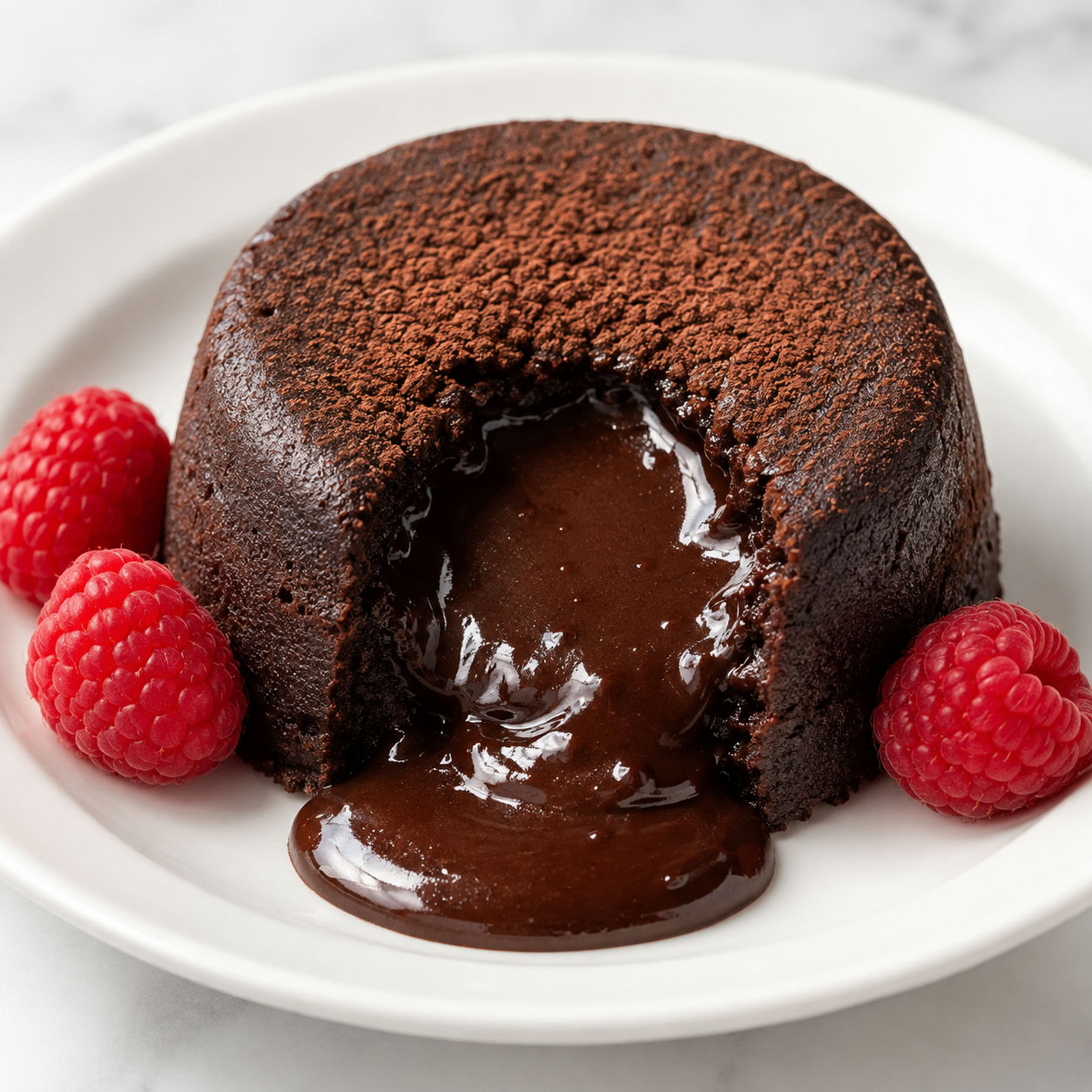 Keto lava cake with molten chocolate center and raspberries