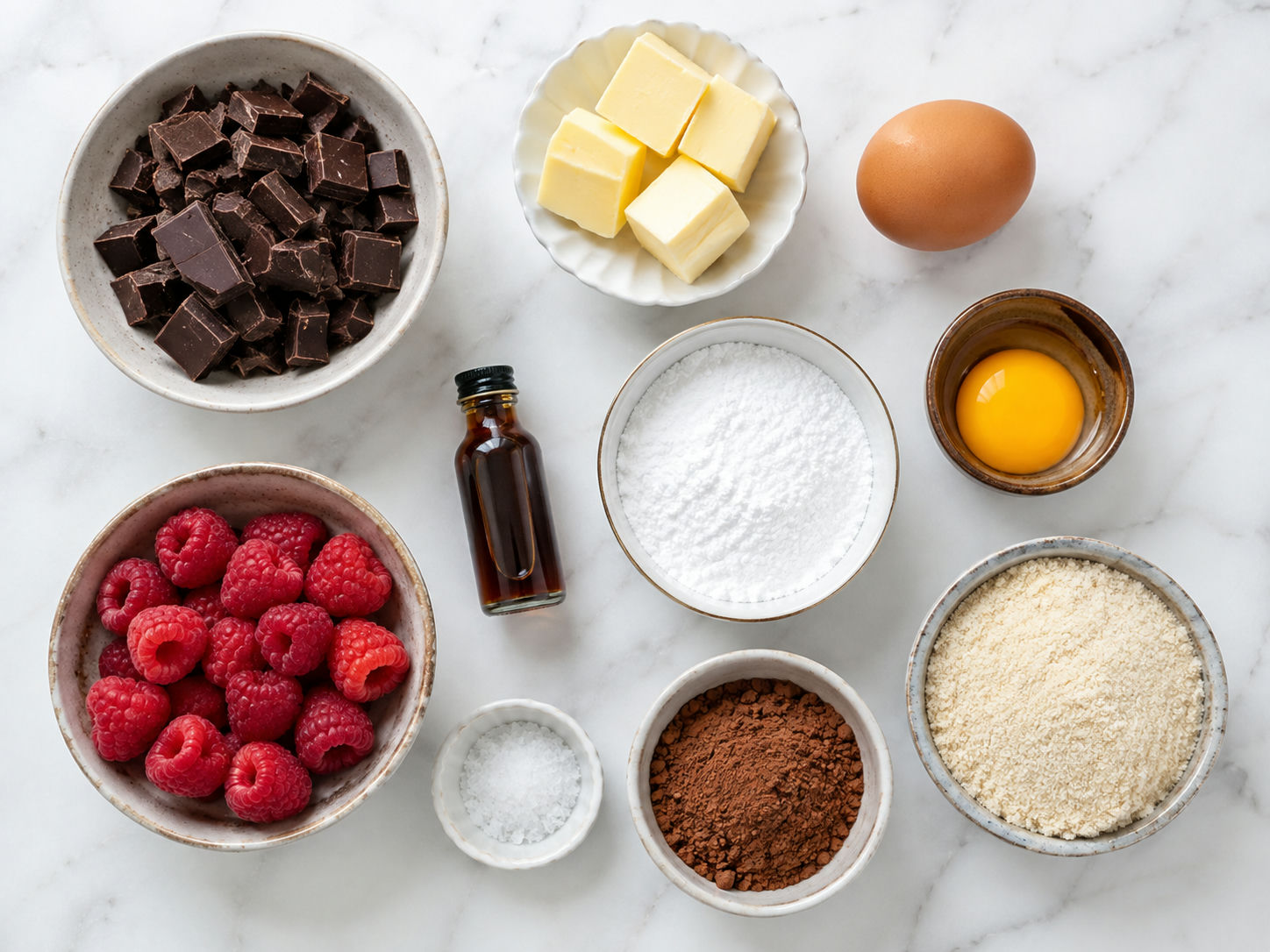 Ingredients for keto lava cake with chocolate, eggs, butter and almond flour