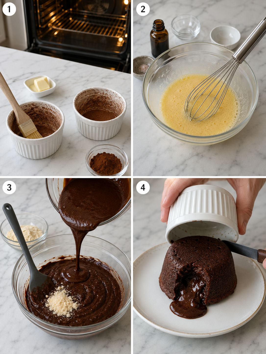 Four steps for making keto lava cake in ramekins