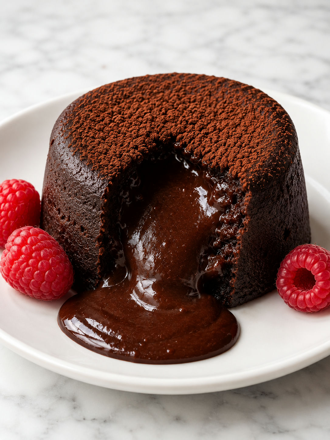 Keto lava cake cut open with glossy chocolate center and raspberries