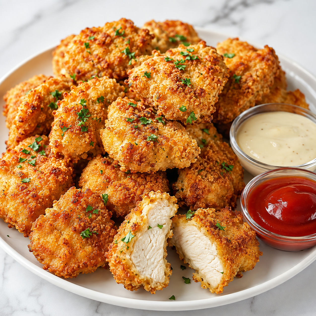 Keto nuggetsy z kurczaka w złotej panierce z sosem czosnkowym