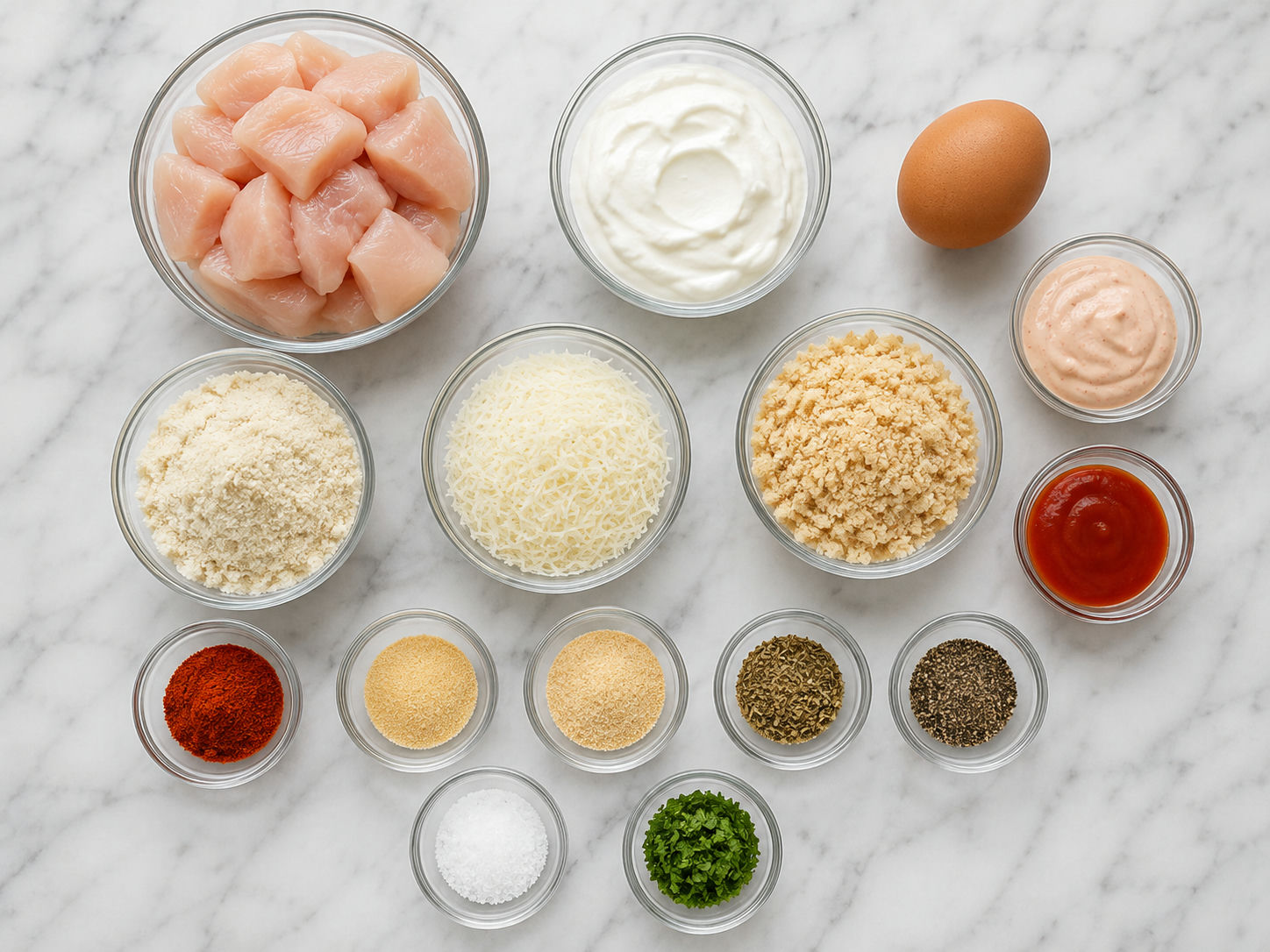 Składniki na keto nuggetsy z kurczaka i chrupiącą panierkę