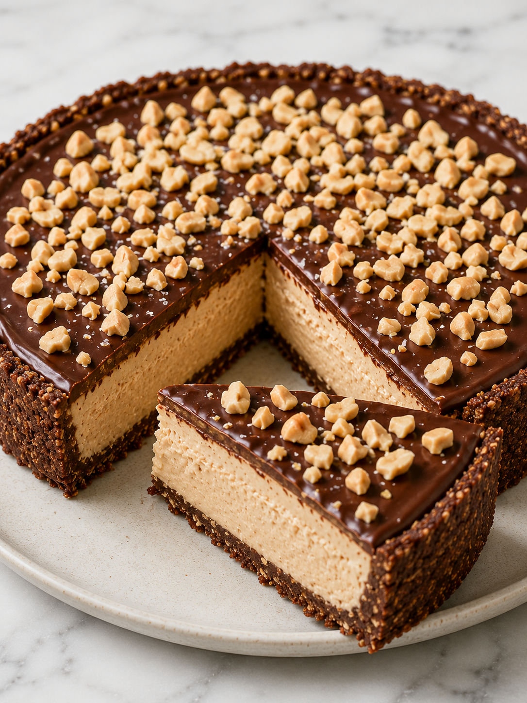 Kawałek keto tarty orzechowo-czekoladowej z kremem i ganache