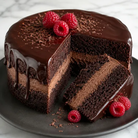 Keto tort czekoladowy z ganache, kremem mascarpone i malinami