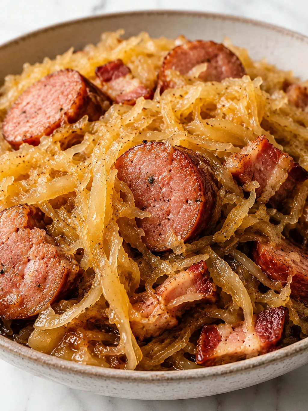 Close-up forkful of kielbasa and braised sauerkraut with bacon and onion