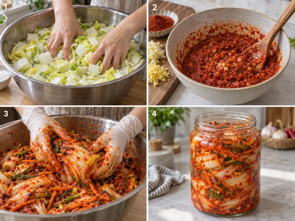 Cztery etapy przygotowania kimchi z kapusty pekińskiej