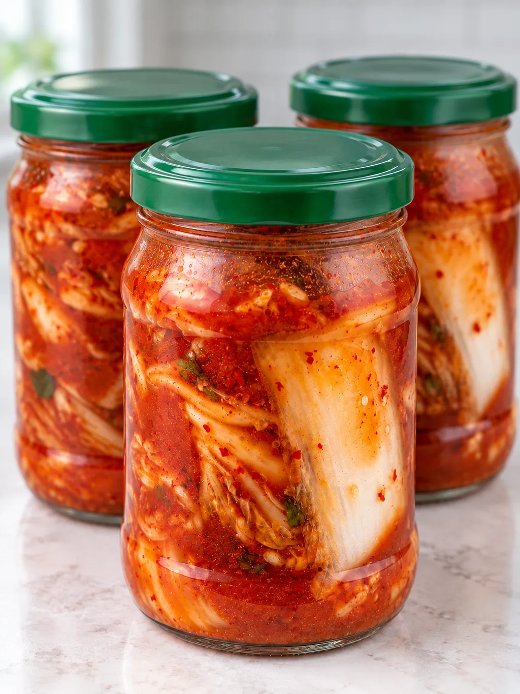 Szklane słoiki pełne pikantnego kimchi z kapusty pekińskiej