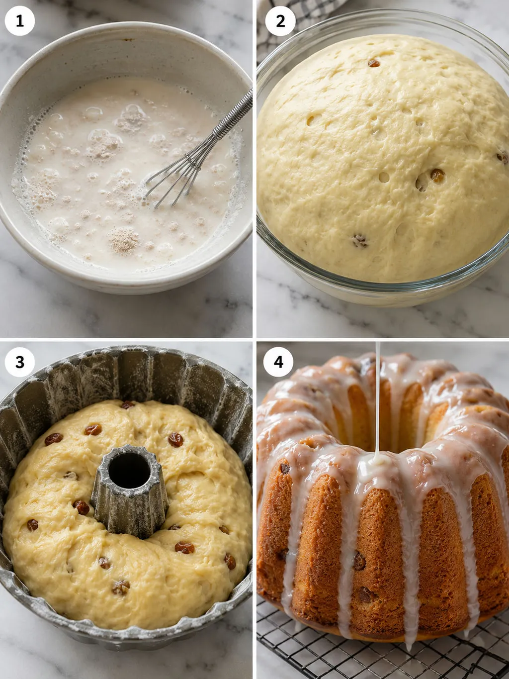 Four steps of making Polish babka from kneading dough to glazing the baked cake