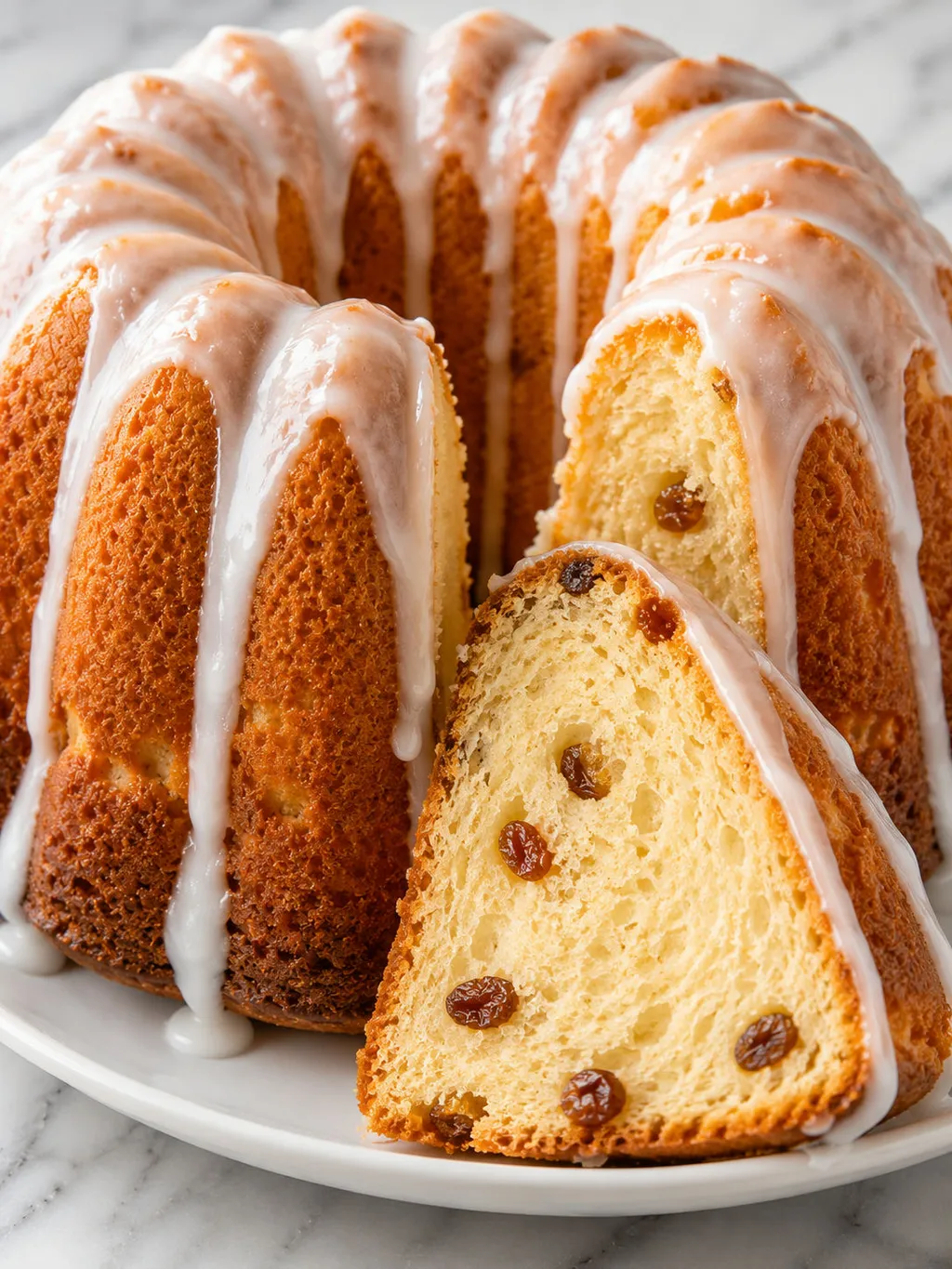 Sliced Polish babka cake showing soft golden crumb with rum-soaked raisins