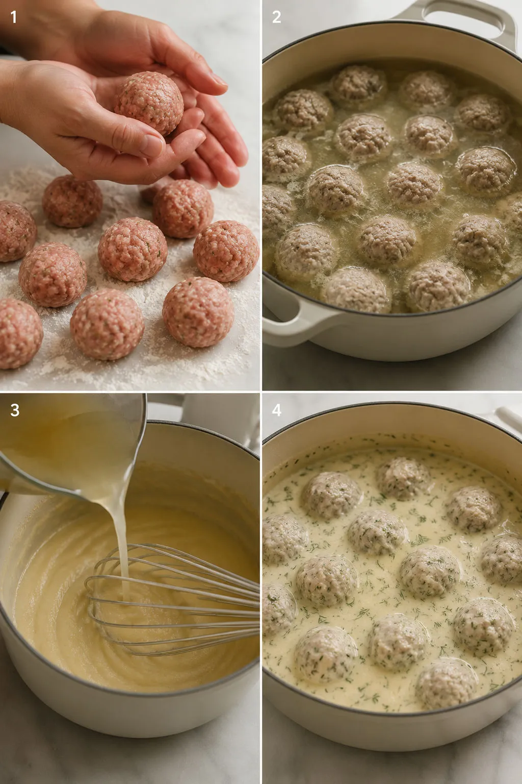 Four steps of making Polish meatballs in creamy dill sauce from rolling to simmering