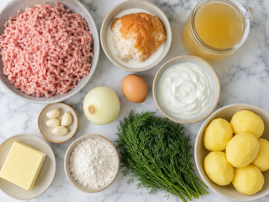 Raw ingredients for Polish meatballs in dill sauce including pork, dill, and potatoes