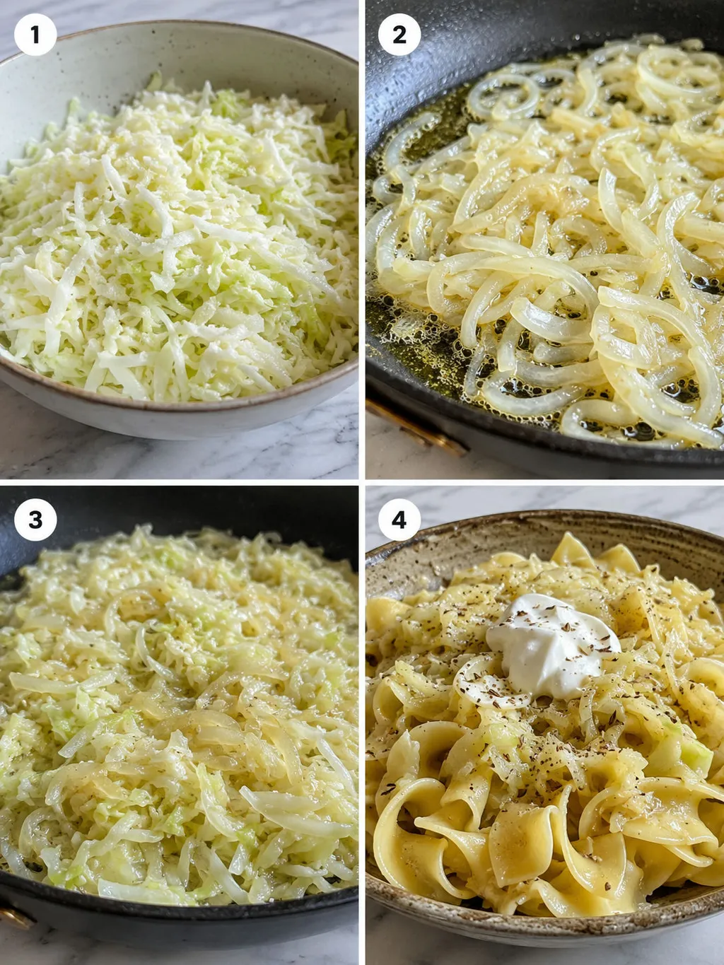 Four steps of cooking haluski from salting cabbage to tossing with noodles