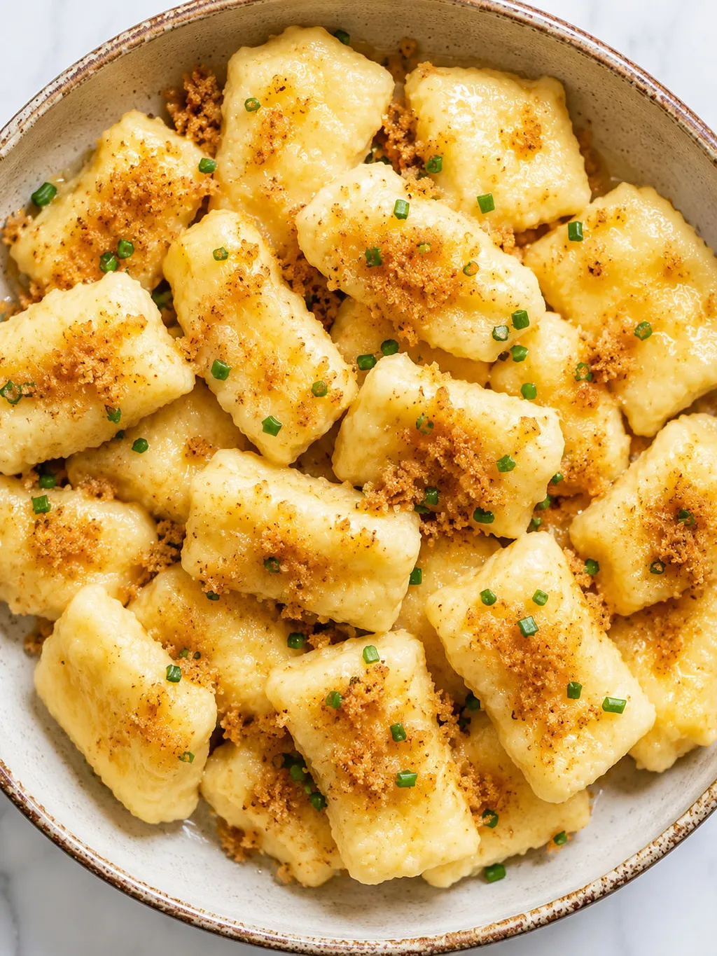 Top-down bowl of Polish cheese dumplings with melted butter and golden breadcrumbs