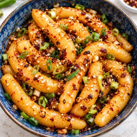 Kluski ziemniaczane po azjatycku z chili, szczypiorkiem i sezamem