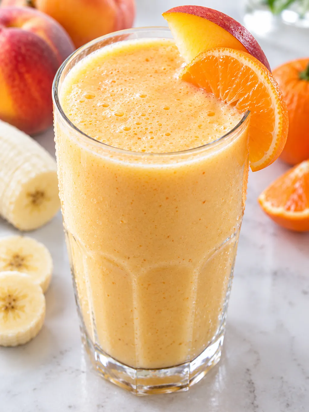 Koktajl brzoskwiniowy z bananem w wysokiej szklance z owocami