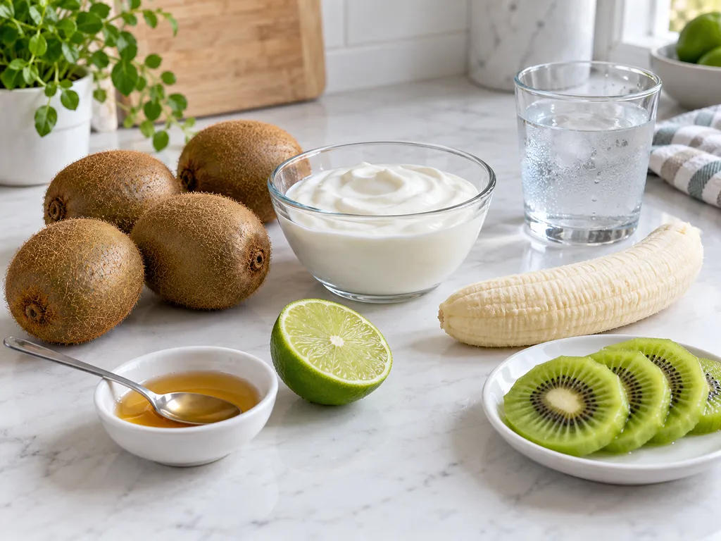Składniki na koktajl z kiwi, jogurt, banan, miód i limonka