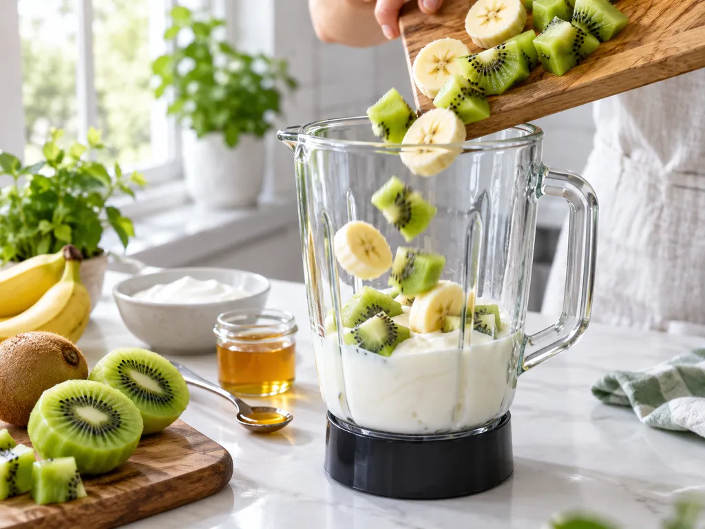 Kawałki kiwi i banana dodawane do blendera z jogurtem