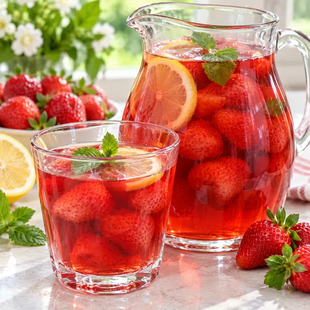 Kompot z truskawek w szklance z cytryną i miętą