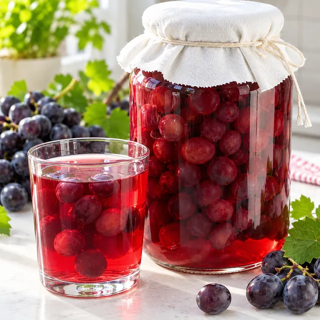 Kompot z winogron w słoiku i szklance z ciemnymi owocami
