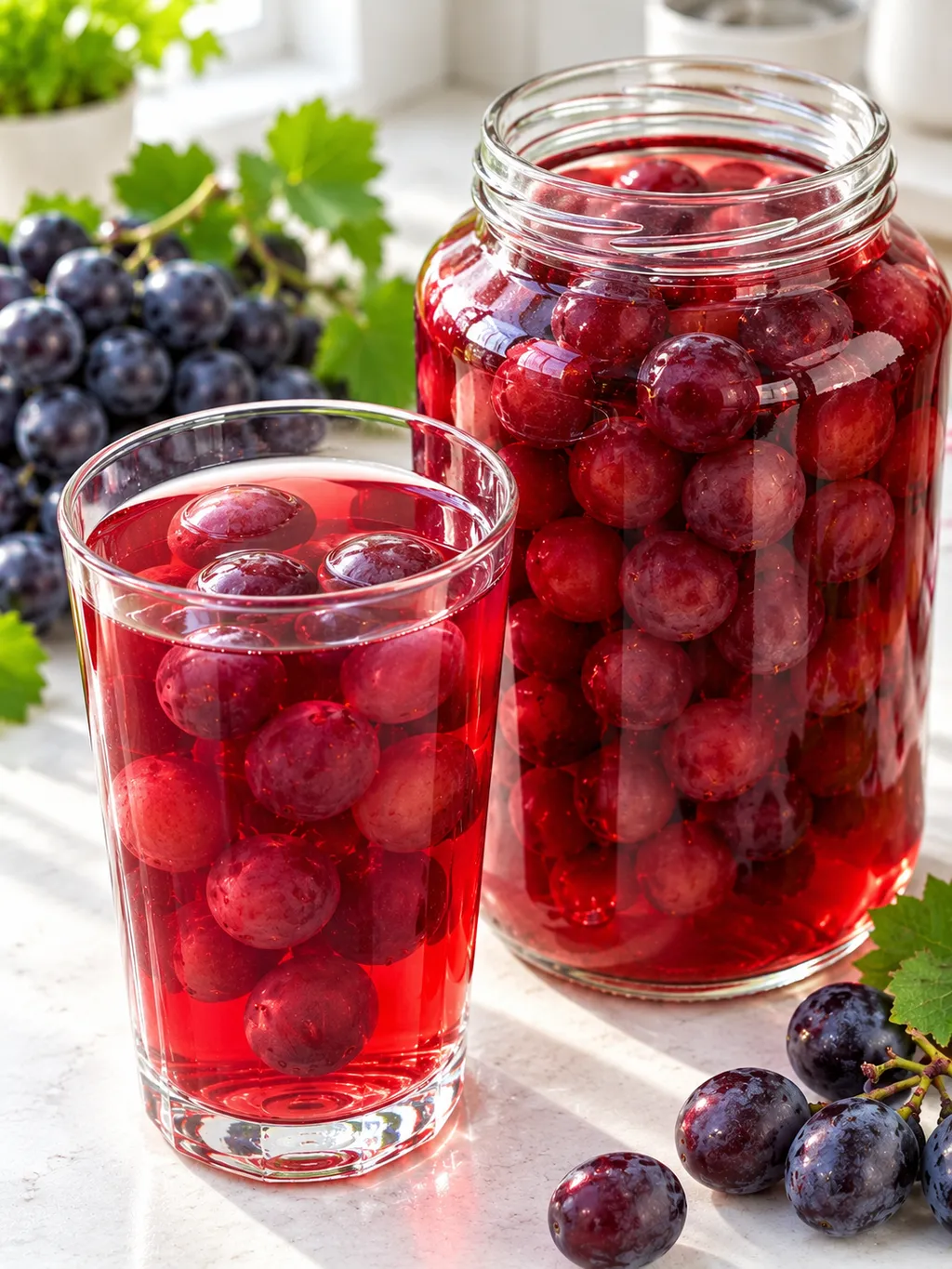 Rubinowy kompot z winogron w szklance i otwartym słoiku