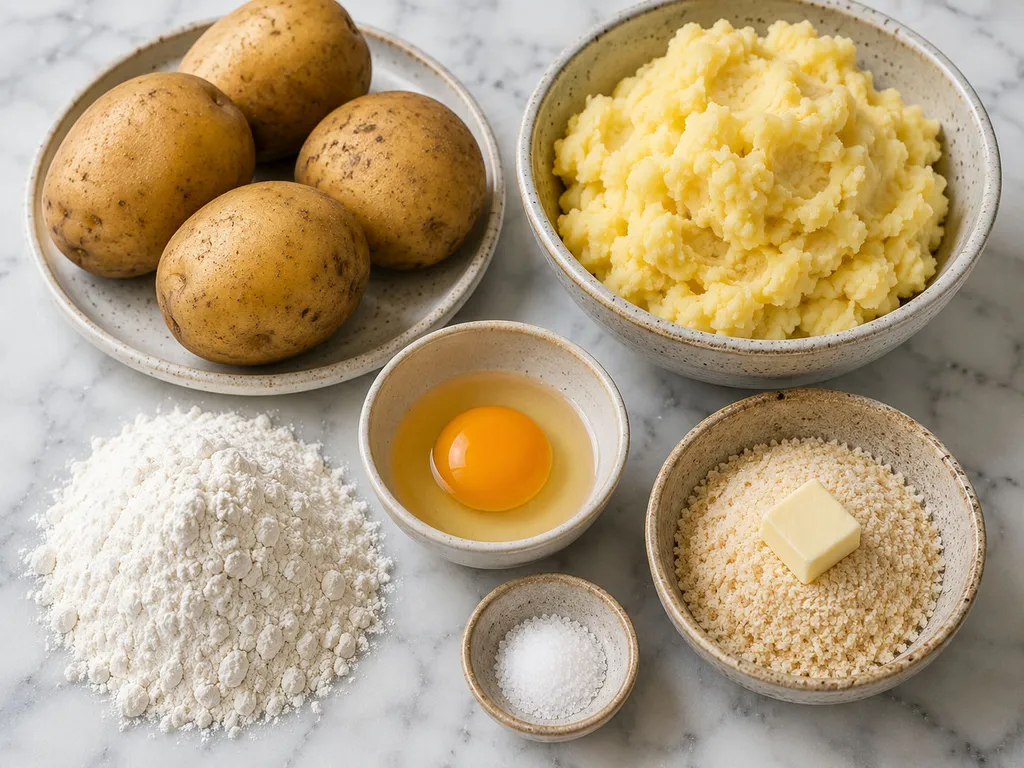 Raw potatoes, flour, egg and salt for making Polish kopytka dumplings