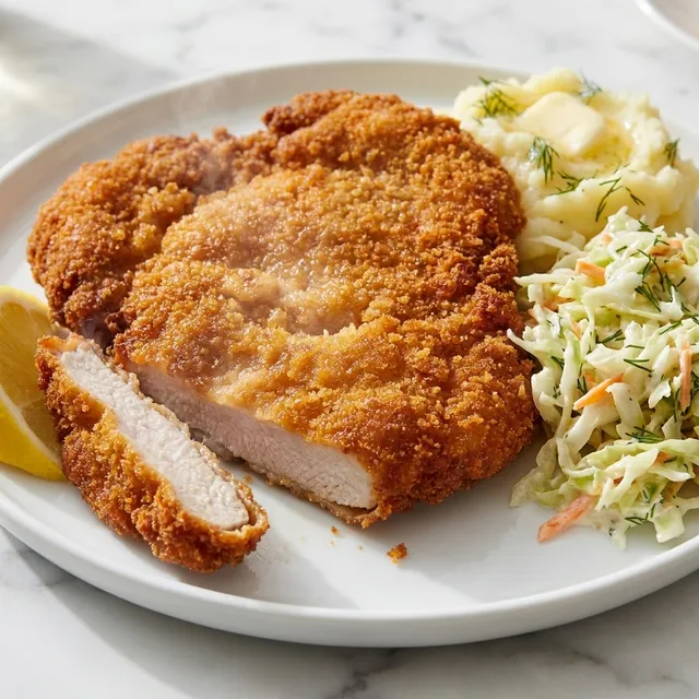 Golden breaded pork cutlet with mashed potatoes and cabbage slaw on a white plate