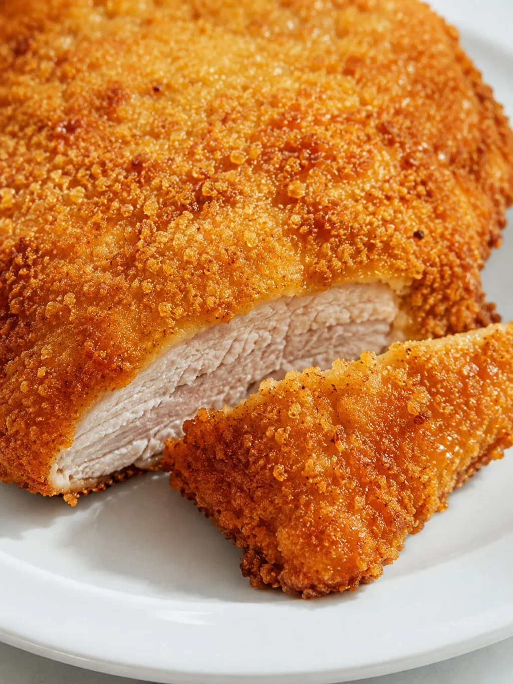 Close-up of a crispy golden breaded pork cutlet with a bite cut away