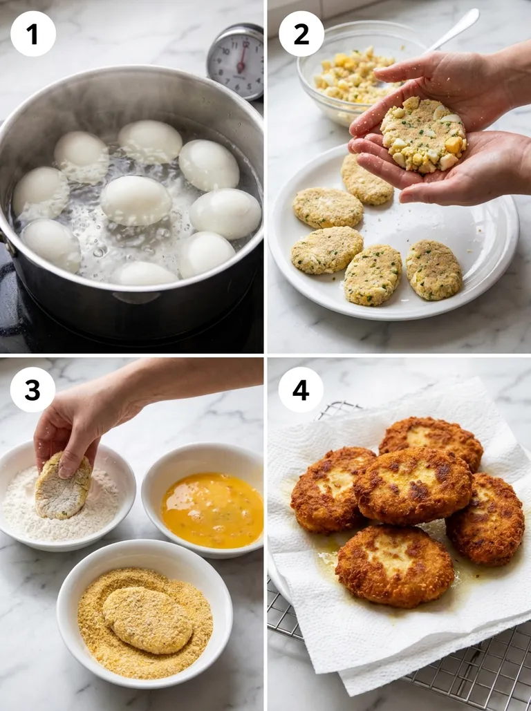 Four steps of making Polish egg cutlets from mixing to frying golden brown