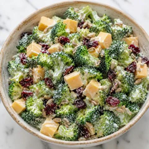 Kremowa sałatka brokułowa z żółtym serem, żurawiną i pestkami słonecznika w misce