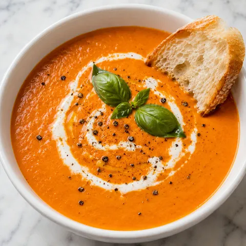 Creamy red pepper soup with a cream swirl and basil in a white bowl