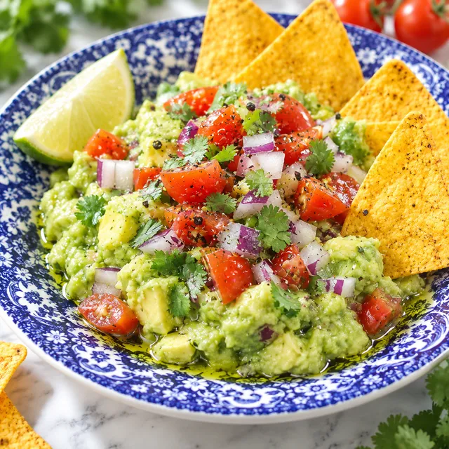 Kremowe guacamole z pomidorkami, cebulą, kolendrą i limonką