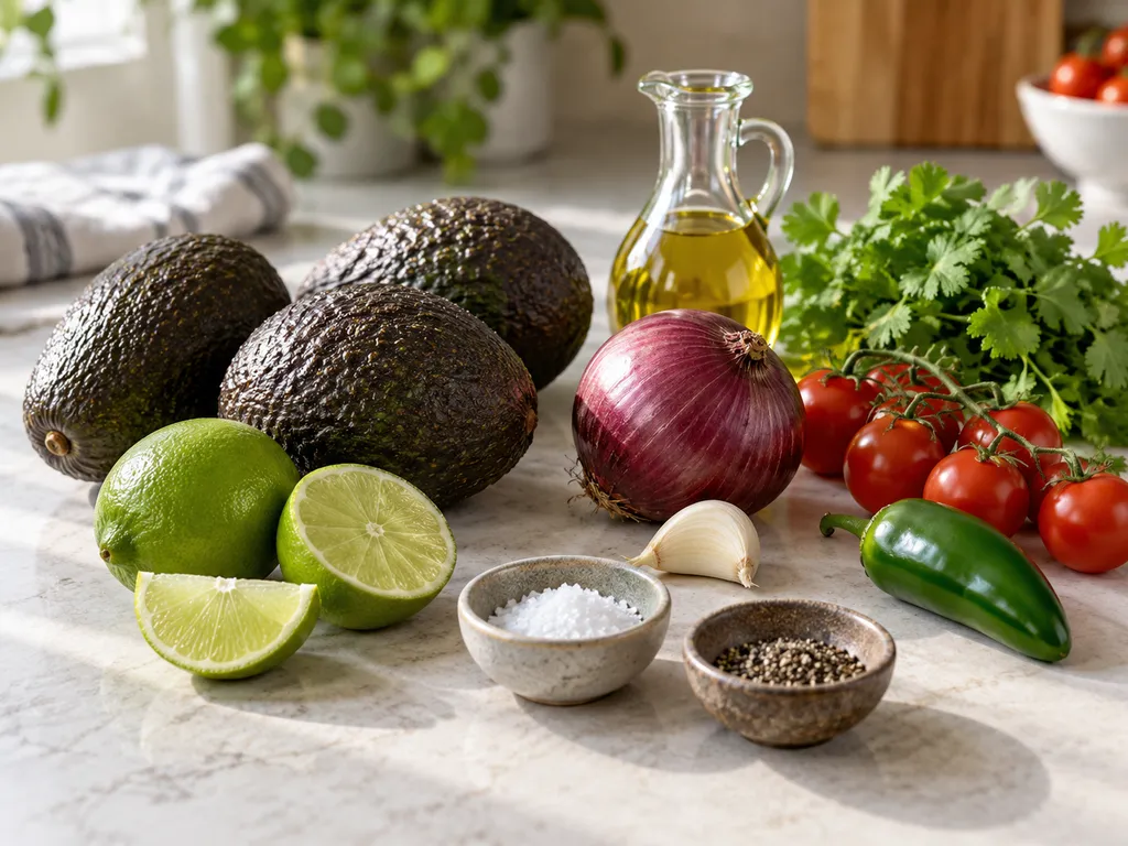 Składniki na kremowe guacamole z awokado, limonką i kolendrą