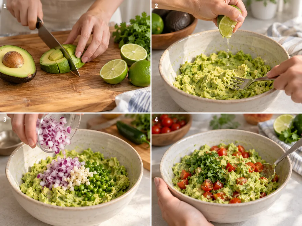 Cztery kroki przygotowania guacamole od awokado do gotowego dipu