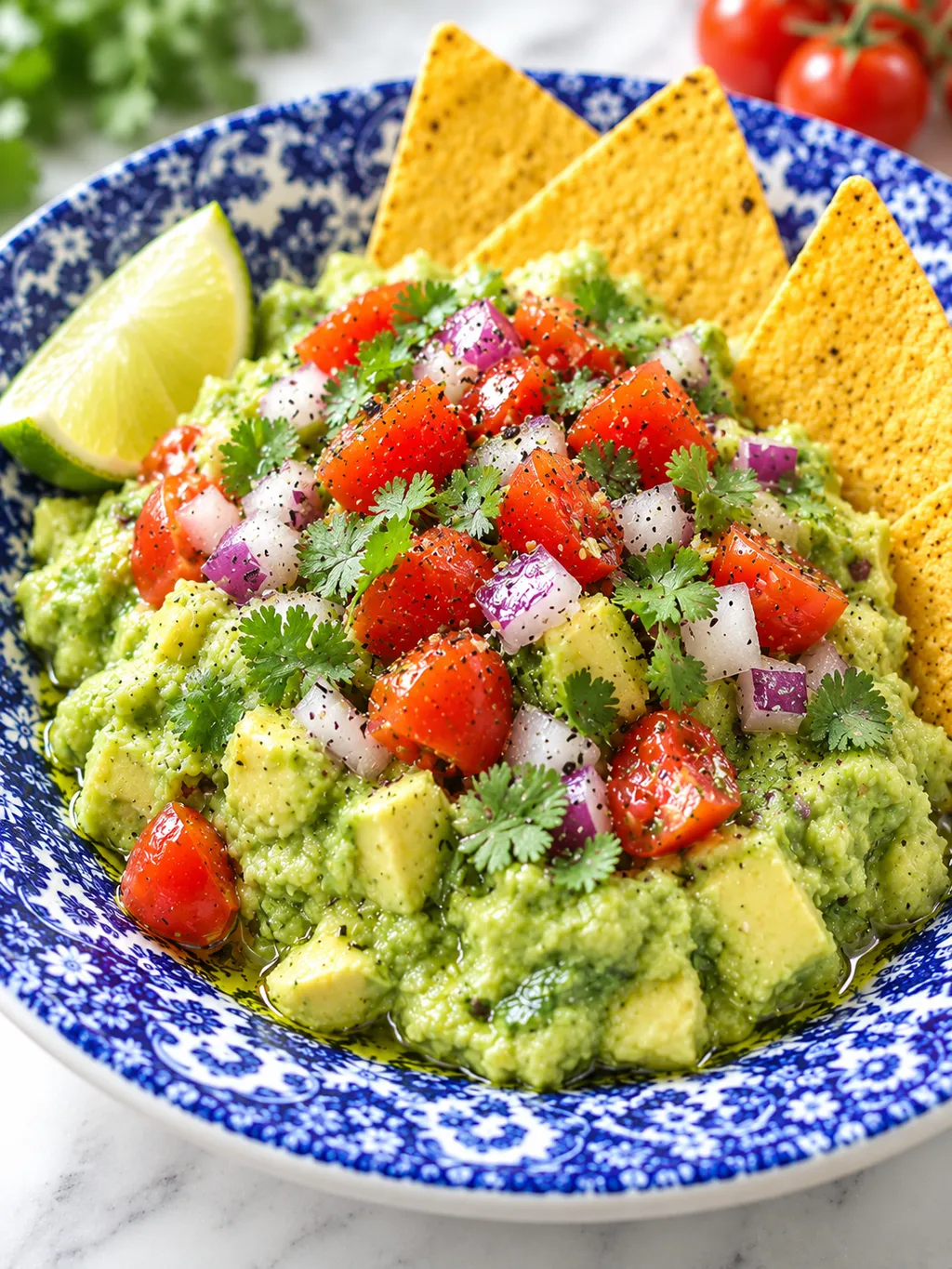 Miska kremowego guacamole z kolendrą, pomidorkami i limonką