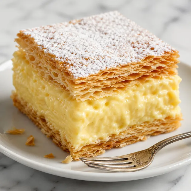Square of kremówka papieska with blistered puff pastry and thick vanilla custard