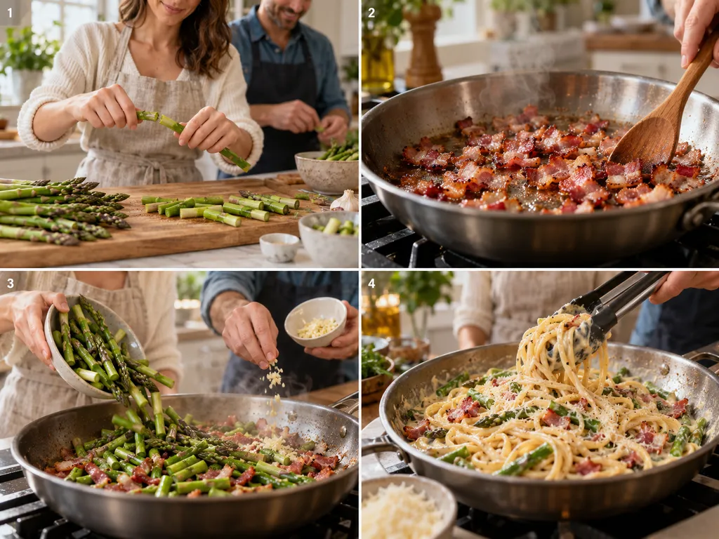 Cztery etapy przygotowania makaronu ze szparagami i boczkiem