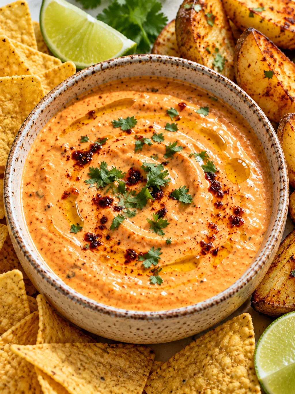 Kremowy sos chipotle z nachosami, pieczonym ziemniakiem i limonką