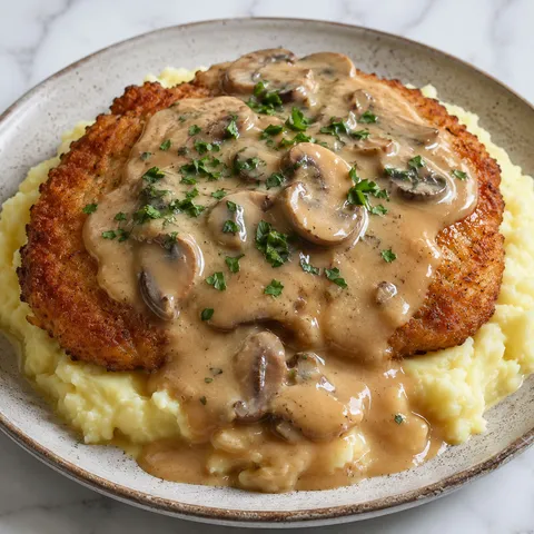 Breaded pork cutlet and mashed potatoes covered in creamy mushroom sauce with parsley