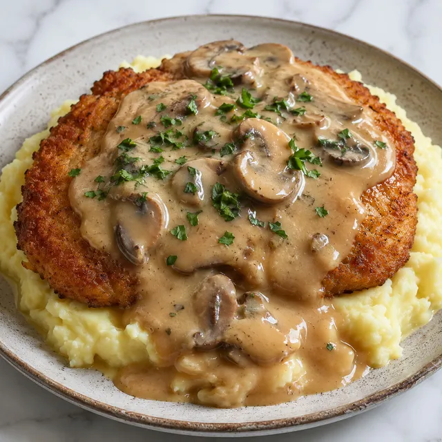 Breaded pork cutlet and mashed potatoes covered in creamy mushroom sauce with parsley