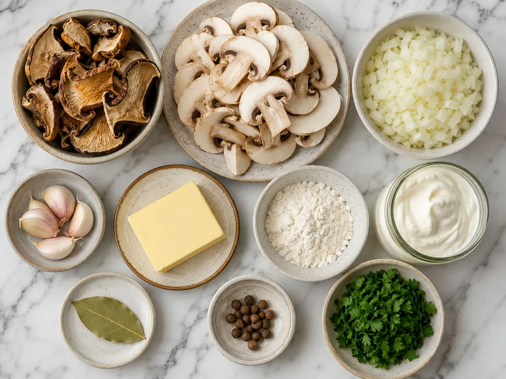 Dried porcini, fresh mushrooms, onion, garlic, butter and sour cream on a wooden board
