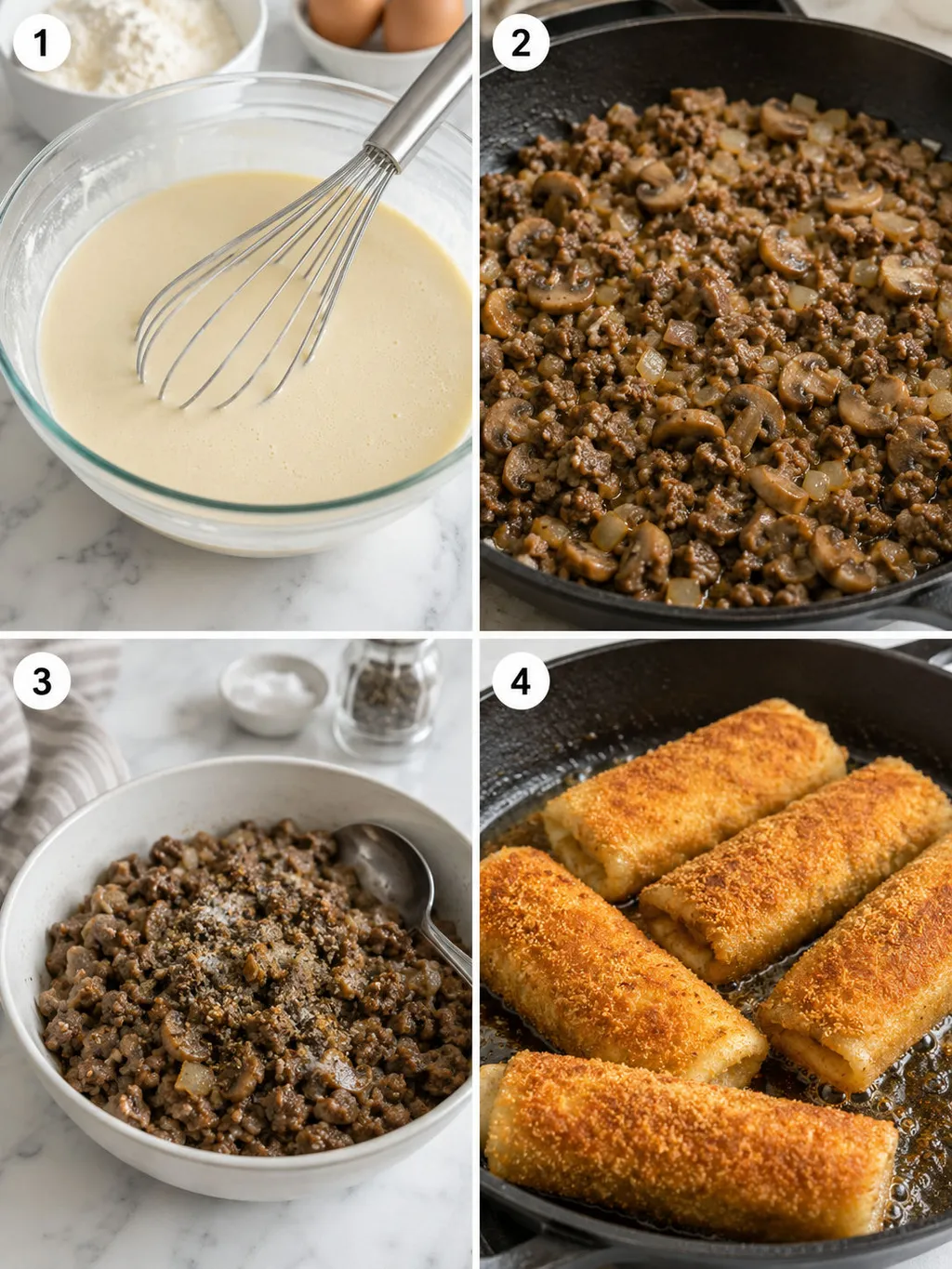 Four steps of making Polish krokiety from crepe to golden fried roll