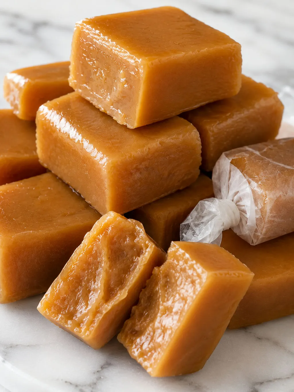 Close-up of soft caramel Polish krówki fudge squares with one broken in half