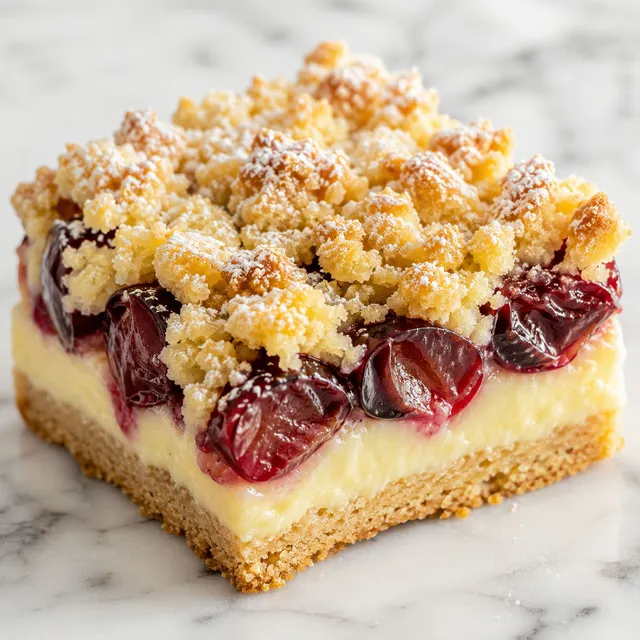 Slice of shortcrust cake with vanilla custard, plums and buttery crumble topping