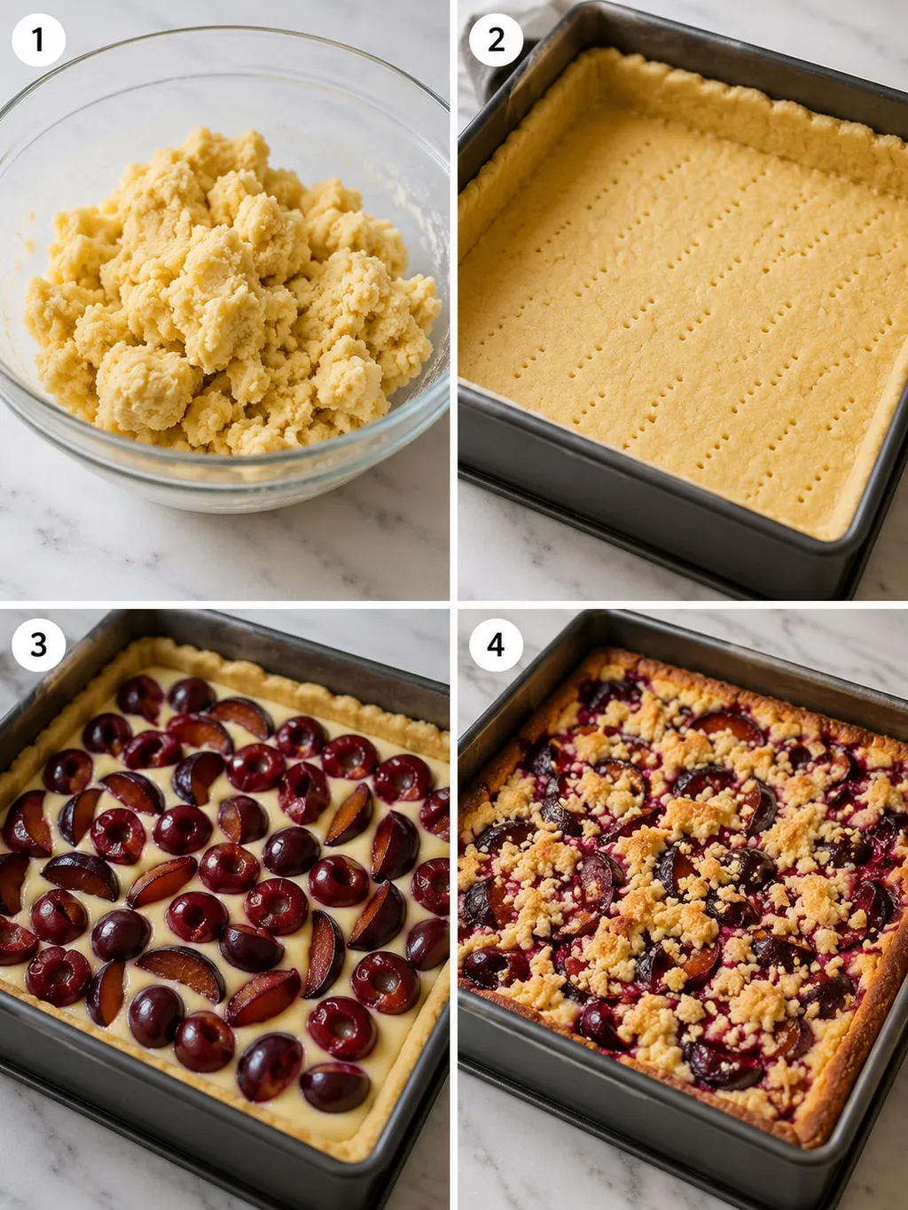 Four steps of making shortcrust custard cake from dough to crumble topping