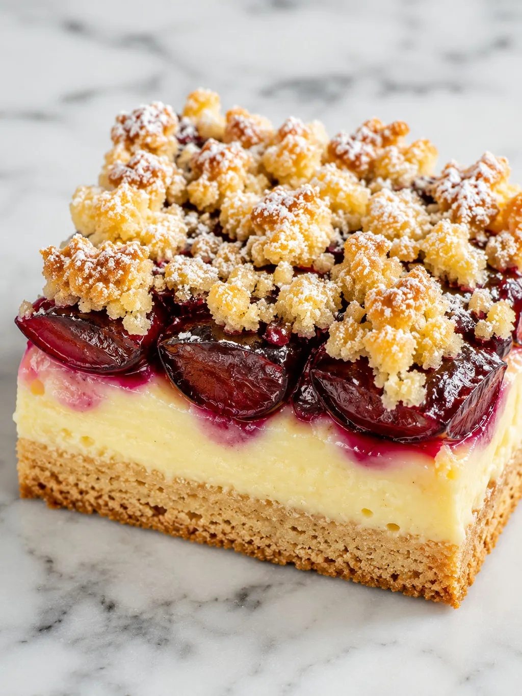 Slice of shortcrust custard cake with plums and crumble topping on a plate