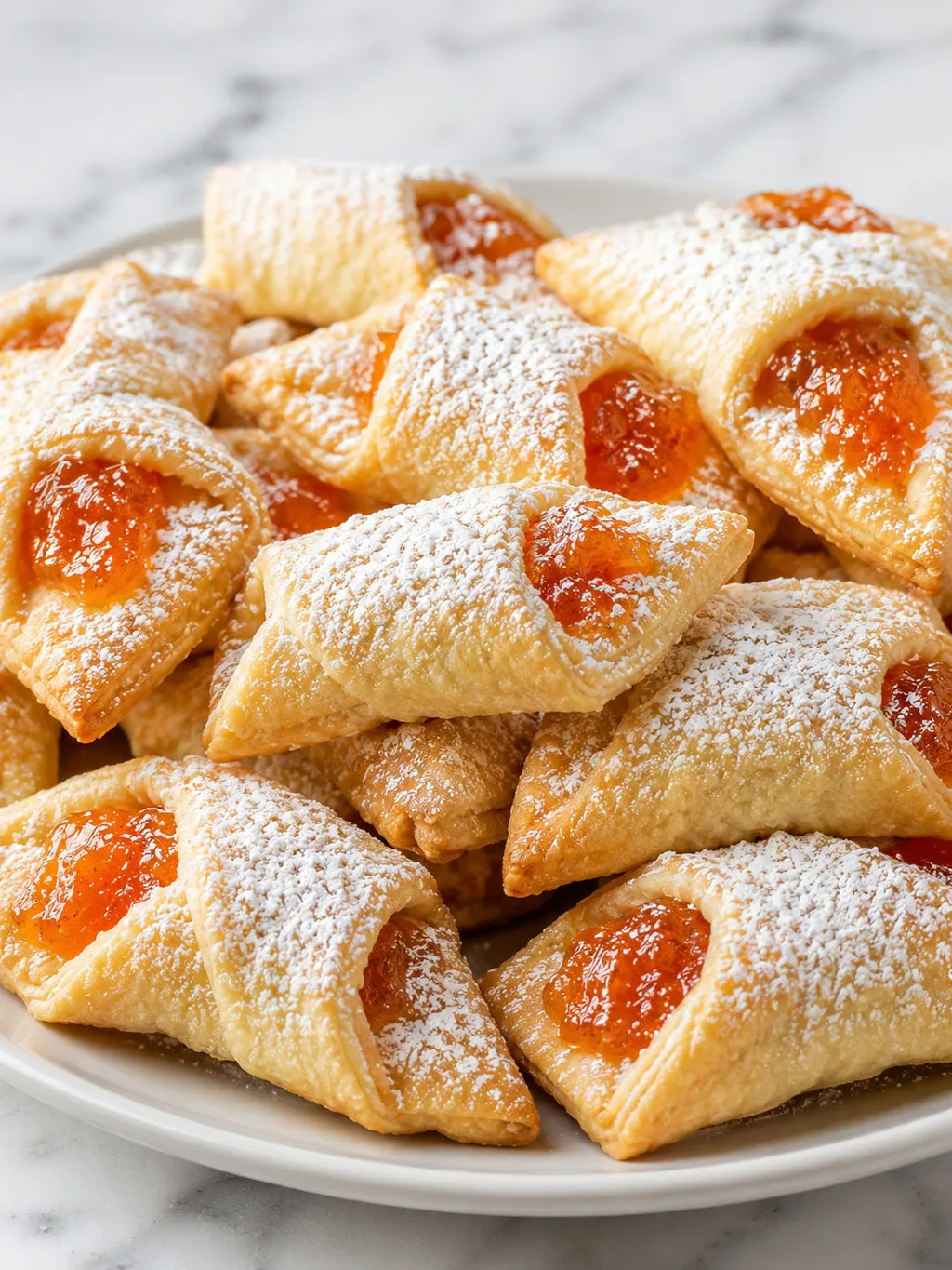Stacked kolaczki cookies with apricot jam filling and powdered sugar coating